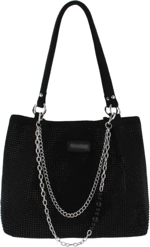 Womens Rhinestones Shoulder Tote Bag Faux Suede Crystal Glitter Handbag Top Handle with Chains Underarm Satchel