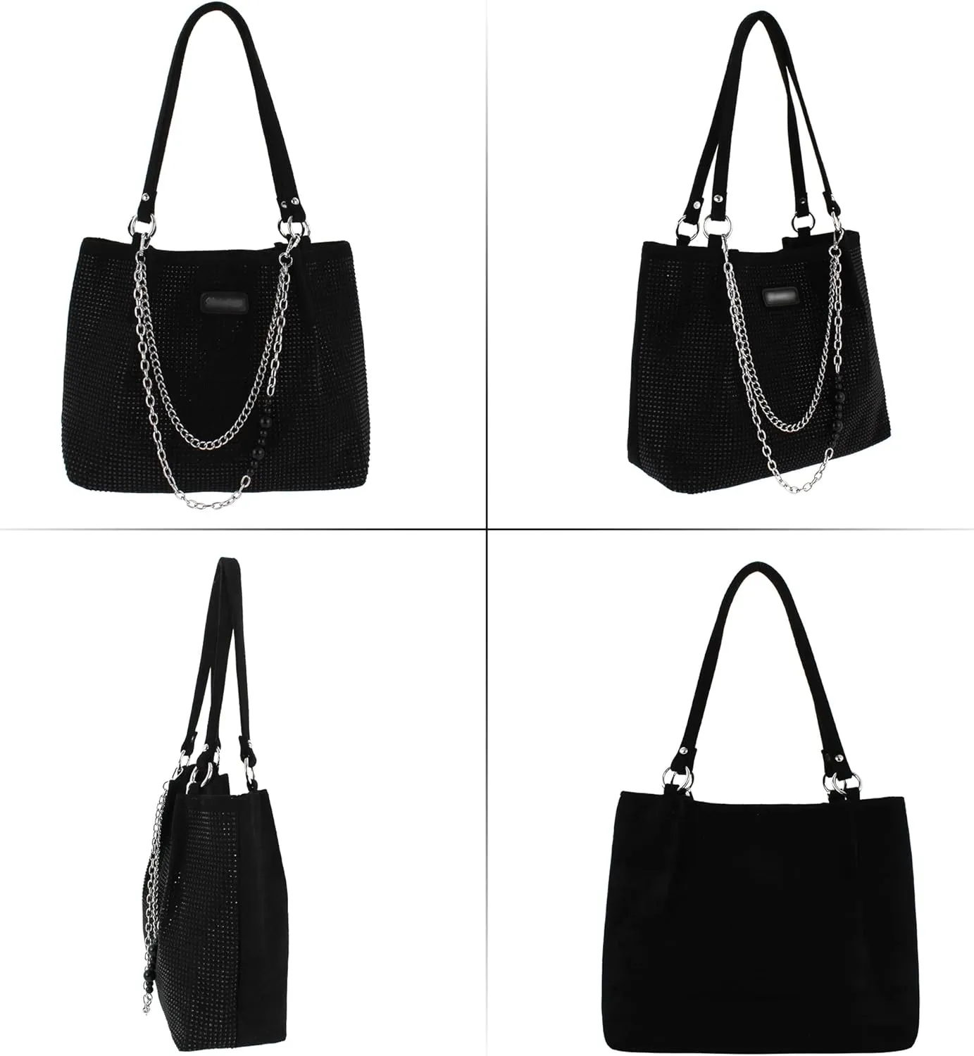 Womens Rhinestones Shoulder Tote Bag Faux Suede Crystal Glitter Handbag Top Handle with Chains Underarm Satchel