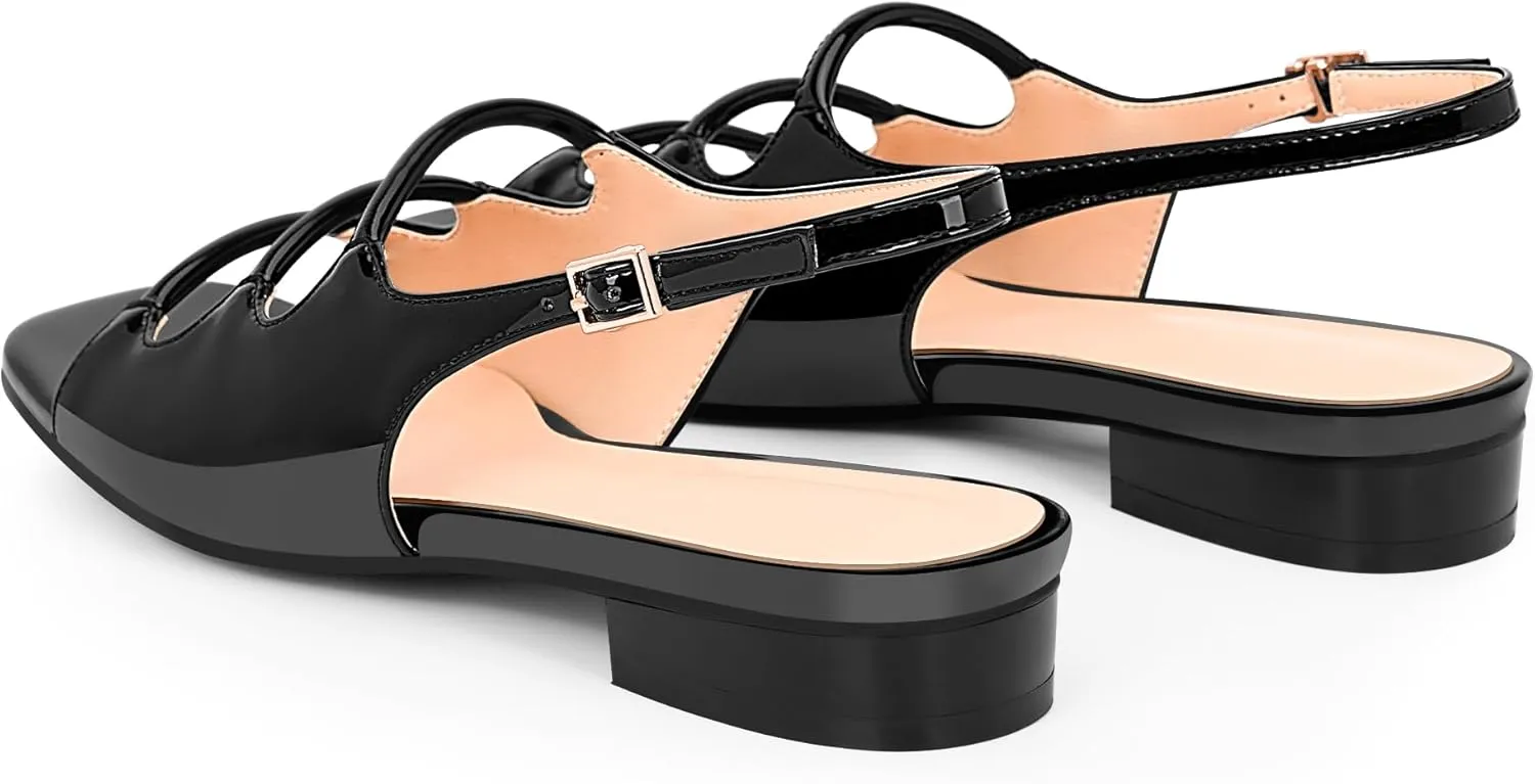 Women's Slingback Flat Sandals Low Heel Square Toe Patent Leather Comfort Summer Shoes
