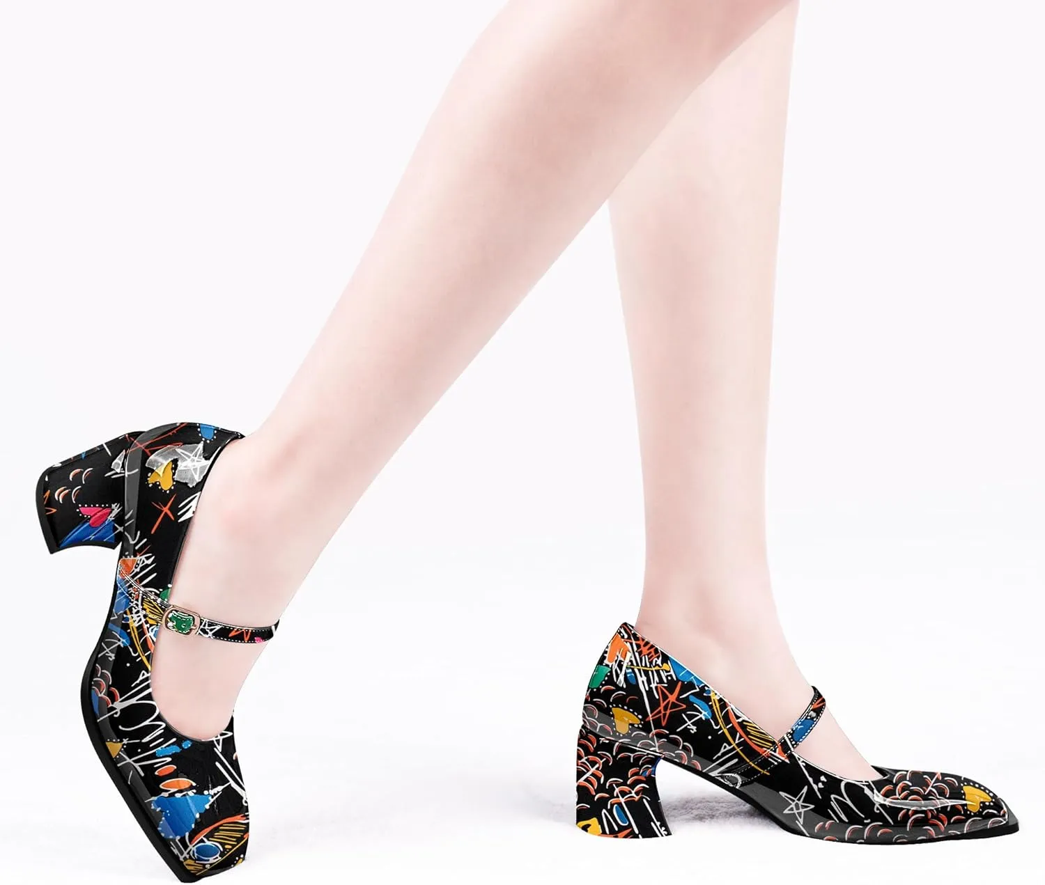 Women's Slingback Heels Square Toe Chunky Heel Buckle Strap Mary Janes Pumps Dress Shoes