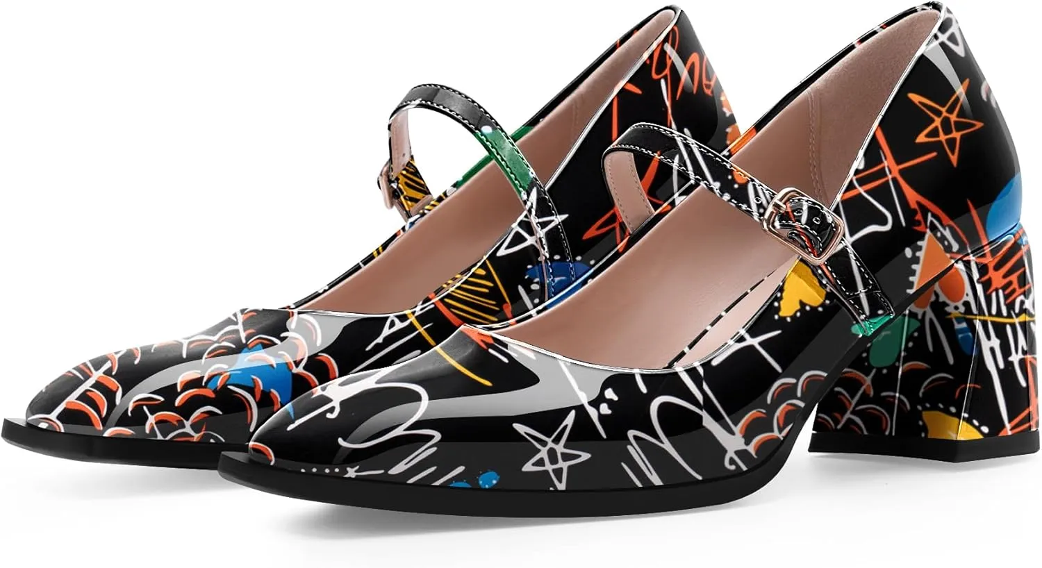 Women's Slingback Heels Square Toe Chunky Heel Buckle Strap Mary Janes Pumps Dress Shoes