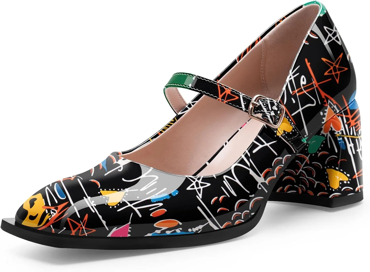 Women's Slingback Heels Square Toe Chunky Heel Buckle Strap Mary Janes Pumps Dress Shoes