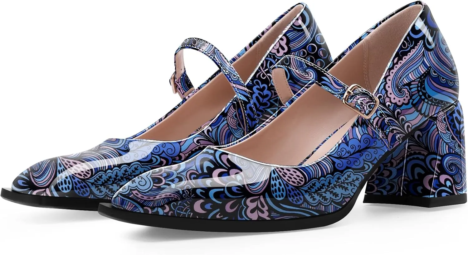Women's Slingback Heels Square Toe Chunky Heel Buckle Strap Mary Janes Pumps Dress Shoes