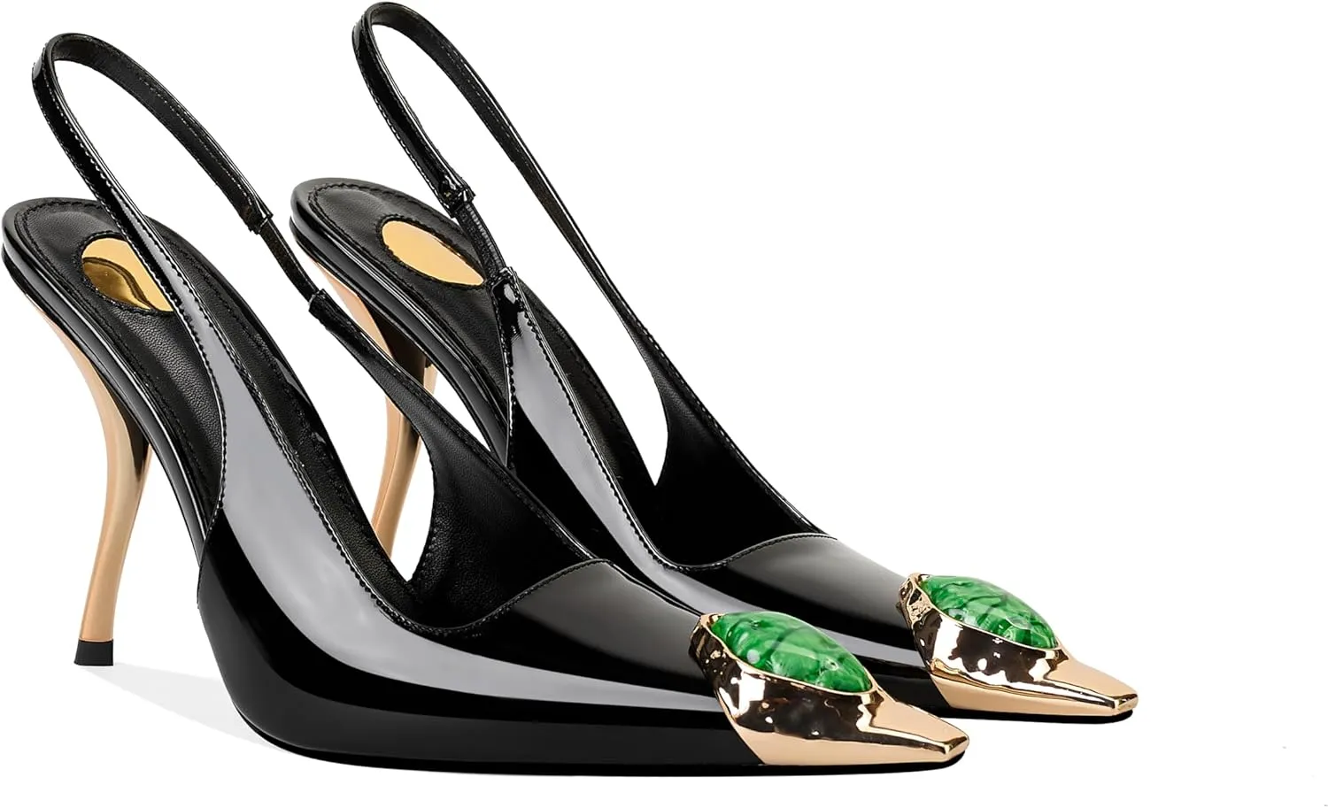 Women's Slingback Stiletto High Heels Crystal Metallic Closed Pointed Toe Pumps Patent Leather Slip on Elastic Strap Heeled Sandals Fashion Party Dress Shoes for Women