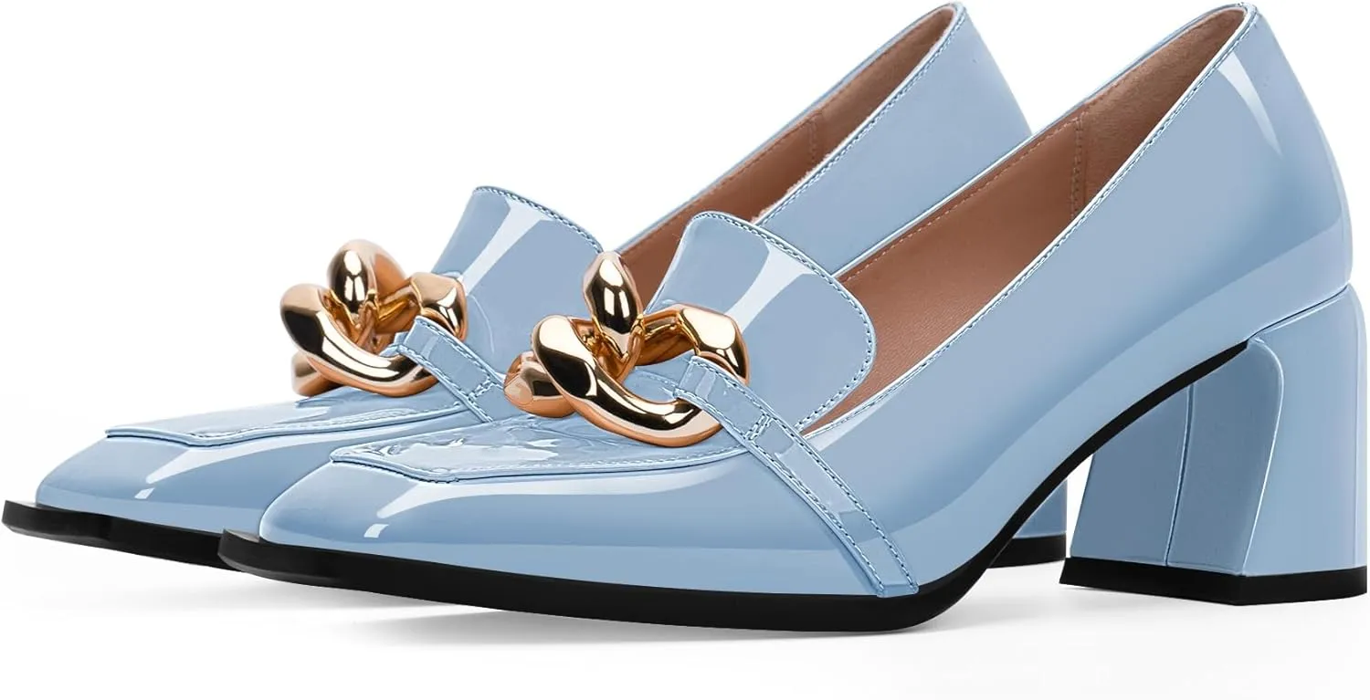 Women's Square Toe Slip On Metal Chain Pumps Chunky Heel Patent Leather Dress Shoes