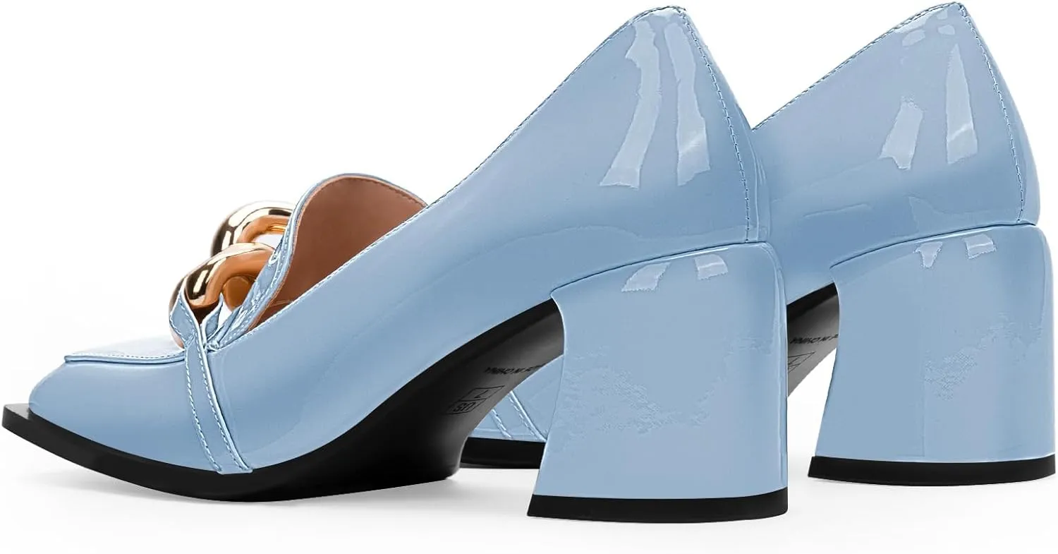 Women's Square Toe Slip On Metal Chain Pumps Chunky Heel Patent Leather Dress Shoes