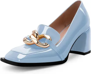 Women's Square Toe Slip On Metal Chain Pumps Chunky Heel Patent Leather Dress Shoes