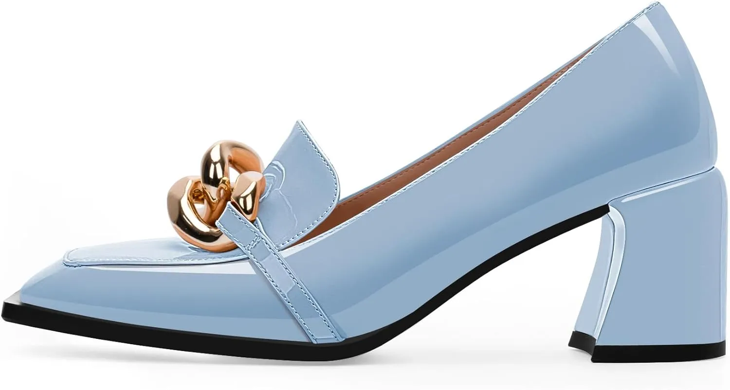 Women's Square Toe Slip On Metal Chain Pumps Chunky Heel Patent Leather Dress Shoes