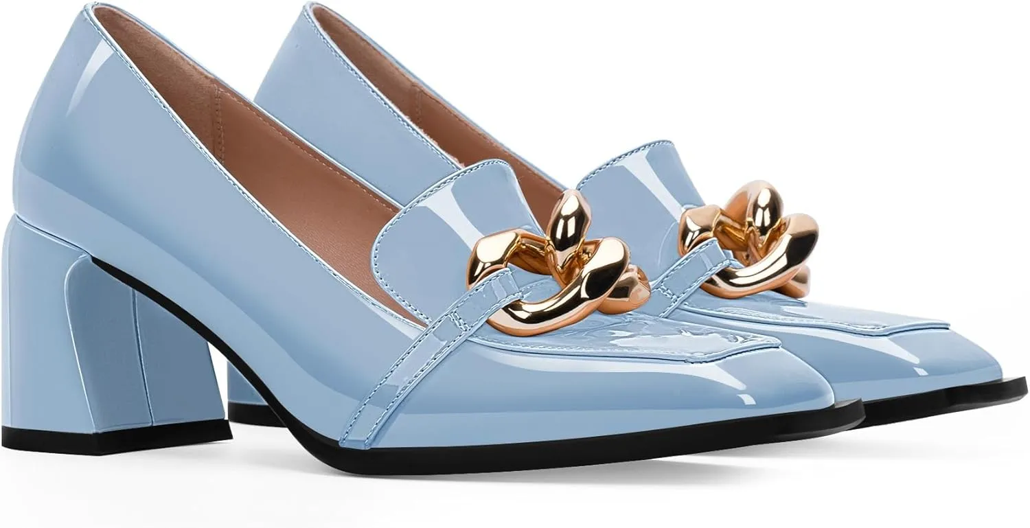 Women's Square Toe Slip On Metal Chain Pumps Chunky Heel Patent Leather Dress Shoes