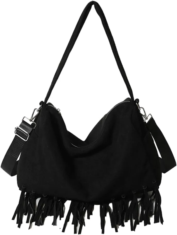 Womens Suede Pillow Bag Slouchy Crossbody Bag Hobo Bag Boston Bag Shoulder Bag Carryall Bag Tote Bag Purse with Tassel