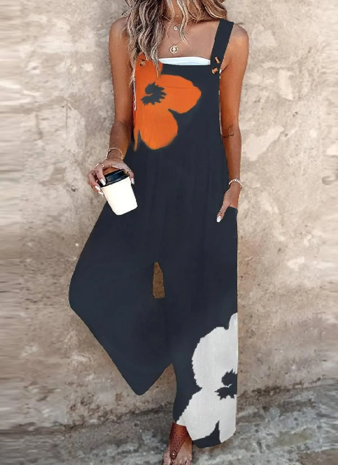 Women's Summer Baggy Straps Sleeveless Floral Print Side Pockets Jumpsuit Vacation Casual Outfits for Women