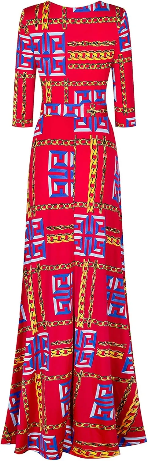 Women's Super Stretchy Maxi Party Dress Spring Floral Print Faux Wrap 3/4 Sleeve V-Neck