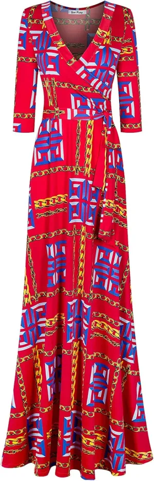 Women's Super Stretchy Maxi Party Dress Spring Floral Print Faux Wrap 3/4 Sleeve V-Neck