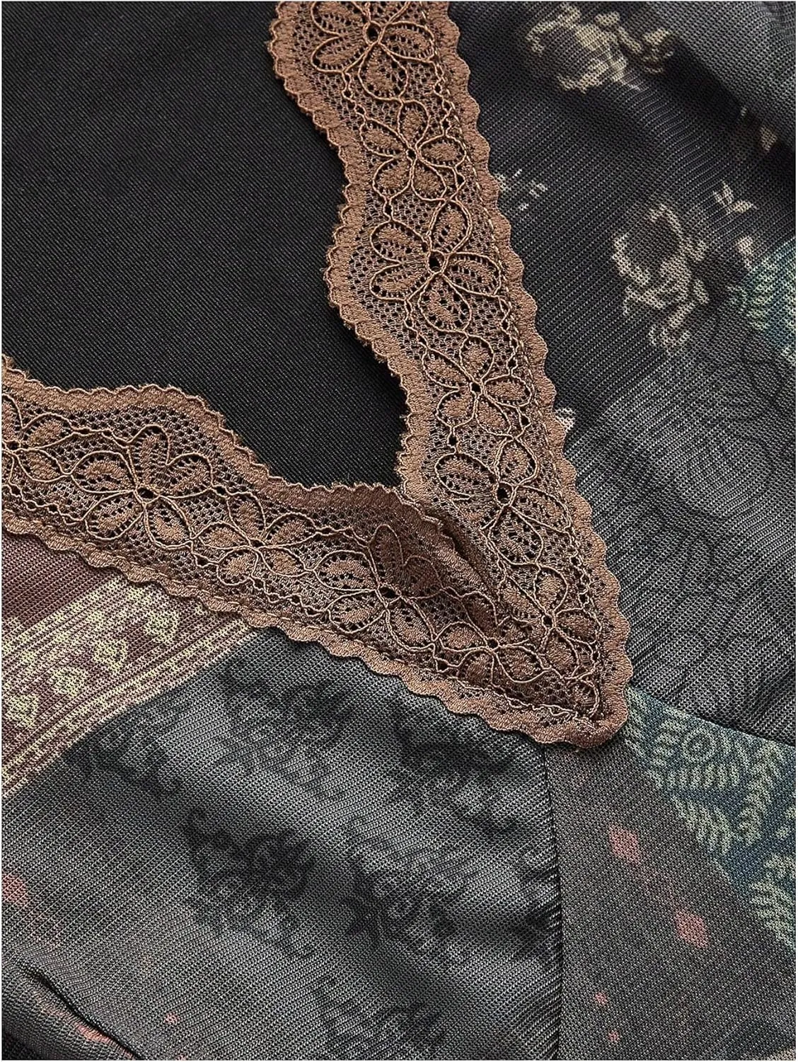 Women's Vintage Dress Tribal Print Bell Long Sleeve Mesh Dress Scalloped V Neck High Waist A Line Dress
