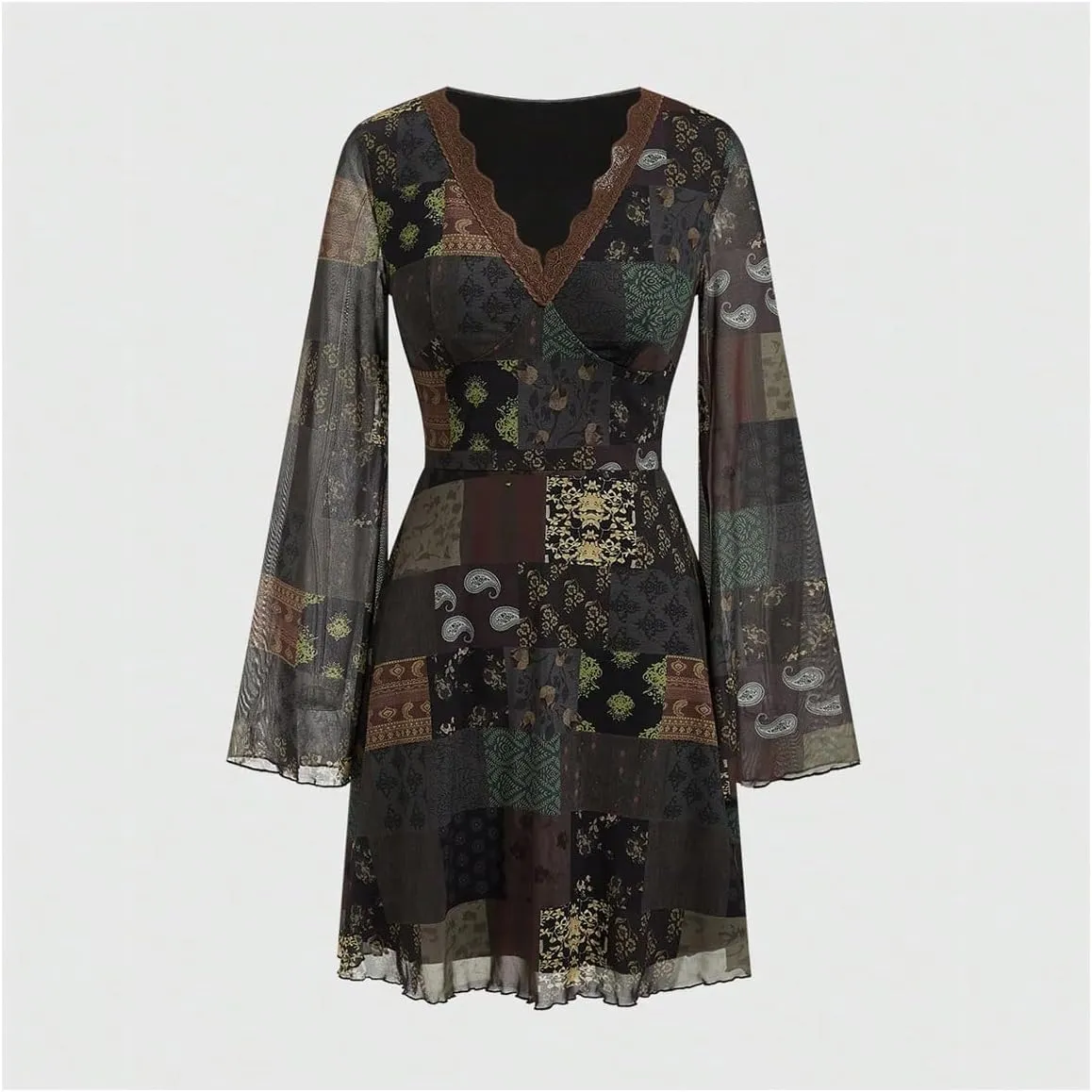 Women's Vintage Dress Tribal Print Bell Long Sleeve Mesh Dress Scalloped V Neck High Waist A Line Dress