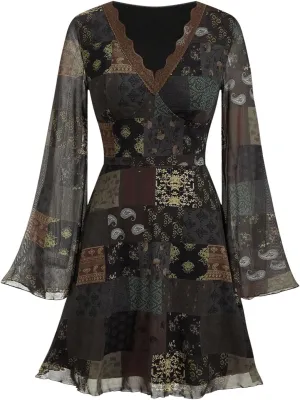 Women's Vintage Dress Tribal Print Bell Long Sleeve Mesh Dress Scalloped V Neck High Waist A Line Dress