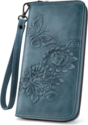 Womens Wallet Rfid Embossed Vegan Leather Multi Card Slots Wallets Large Capacity Wristlet Travel Purse for Women