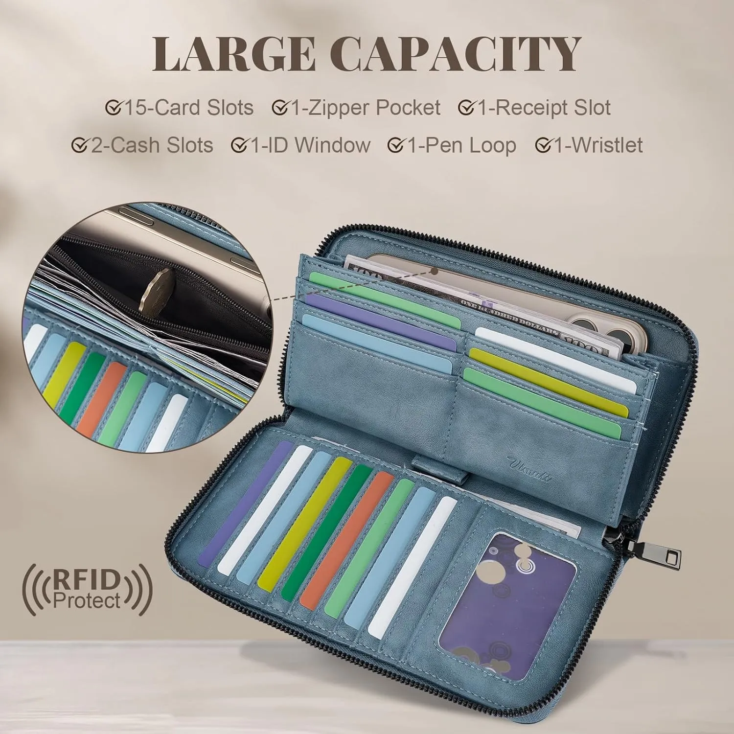 Womens Wallet Rfid Embossed Vegan Leather Multi Card Slots Wallets Large Capacity Wristlet Travel Purse for Women