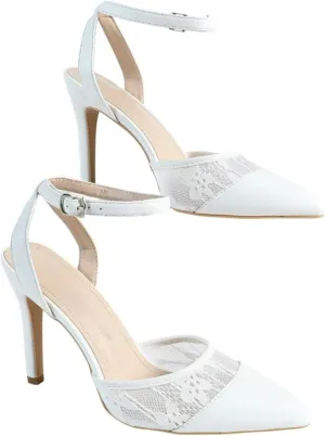 Women's White Lace & Leather High Heel Sandals – Elegant Pointed-Toe Bridal Shoes – Wedding & Evening Dress Heels