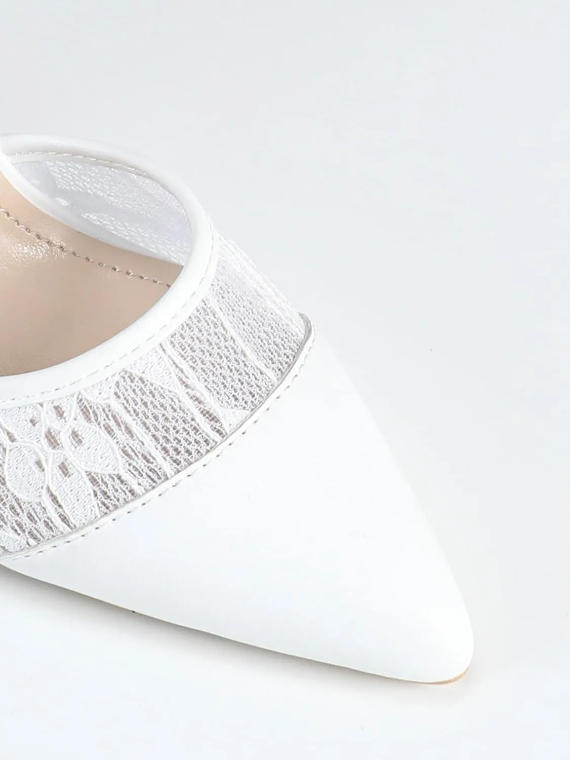 Women's White Lace & Leather High Heel Sandals – Elegant Pointed-Toe Bridal Shoes – Wedding & Evening Dress Heels