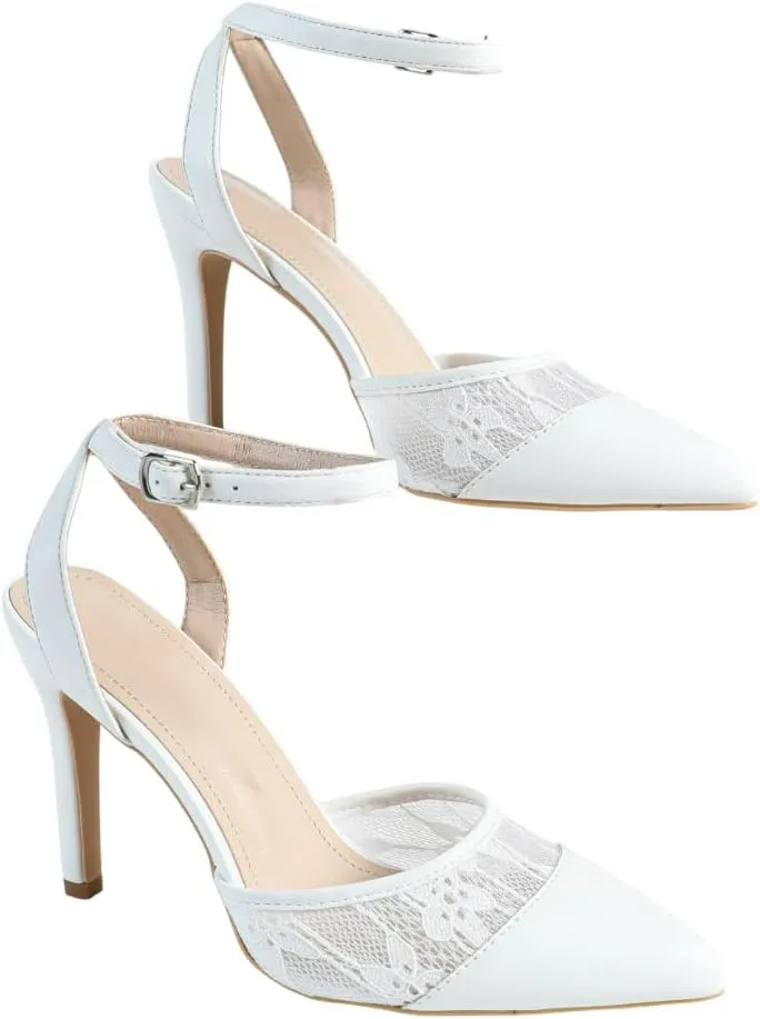 Women's White Lace & Leather High Heel Sandals – Elegant Pointed-Toe Bridal Shoes – Wedding & Evening Dress Heels