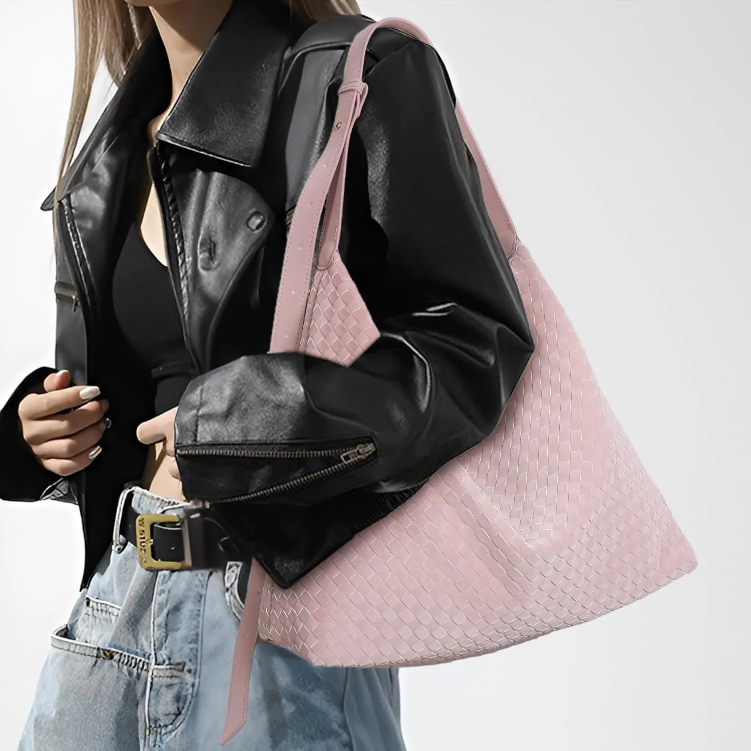 Woven Bag for Women, Vegan Leather Tote Bags Large Hobo Purses for Women Handmade Shoulder Bag with Adjustable Strap