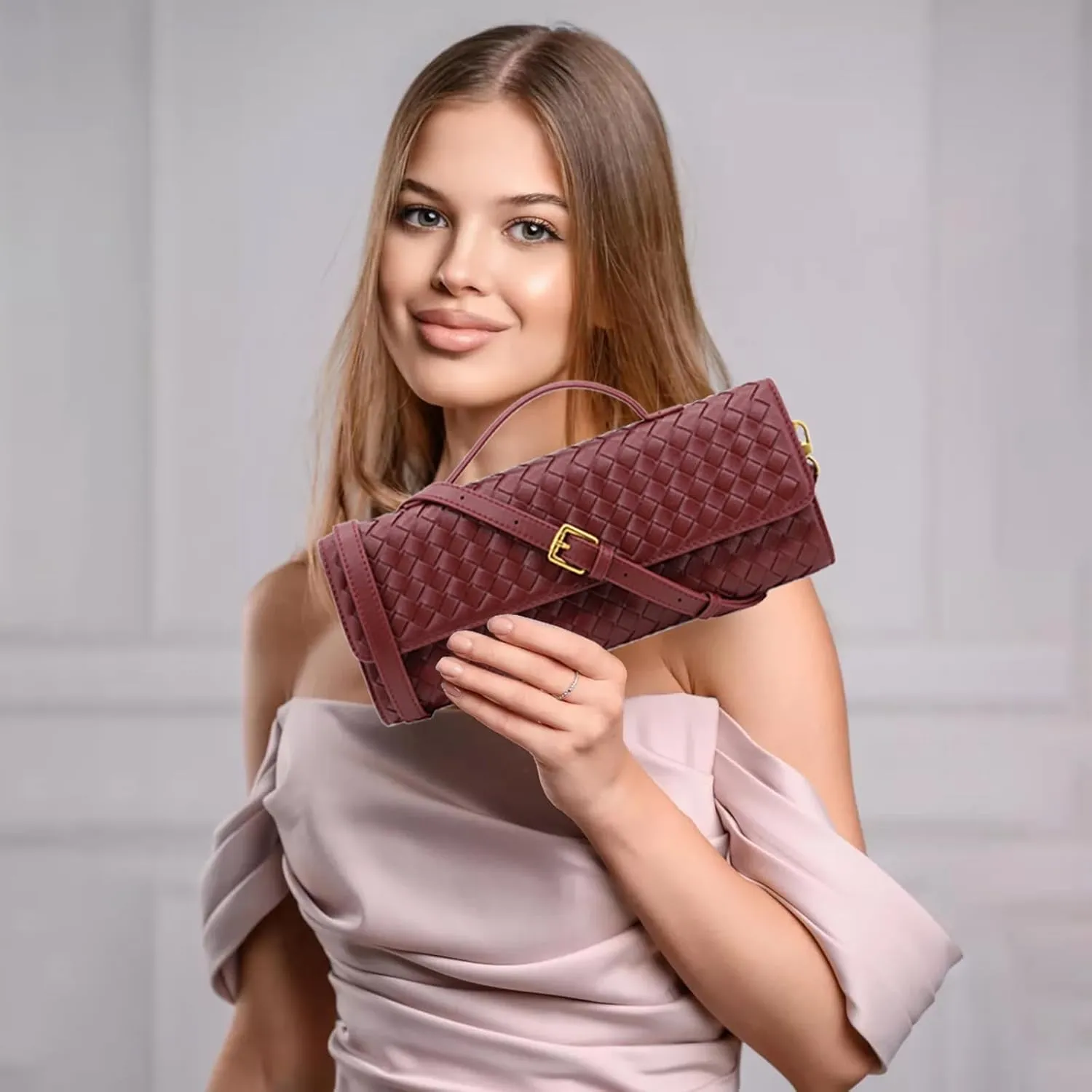 Woven Clutch Purse for Women Designer Shoulder Handbag Leather Crossbody Evening Bag with Detachable Chain