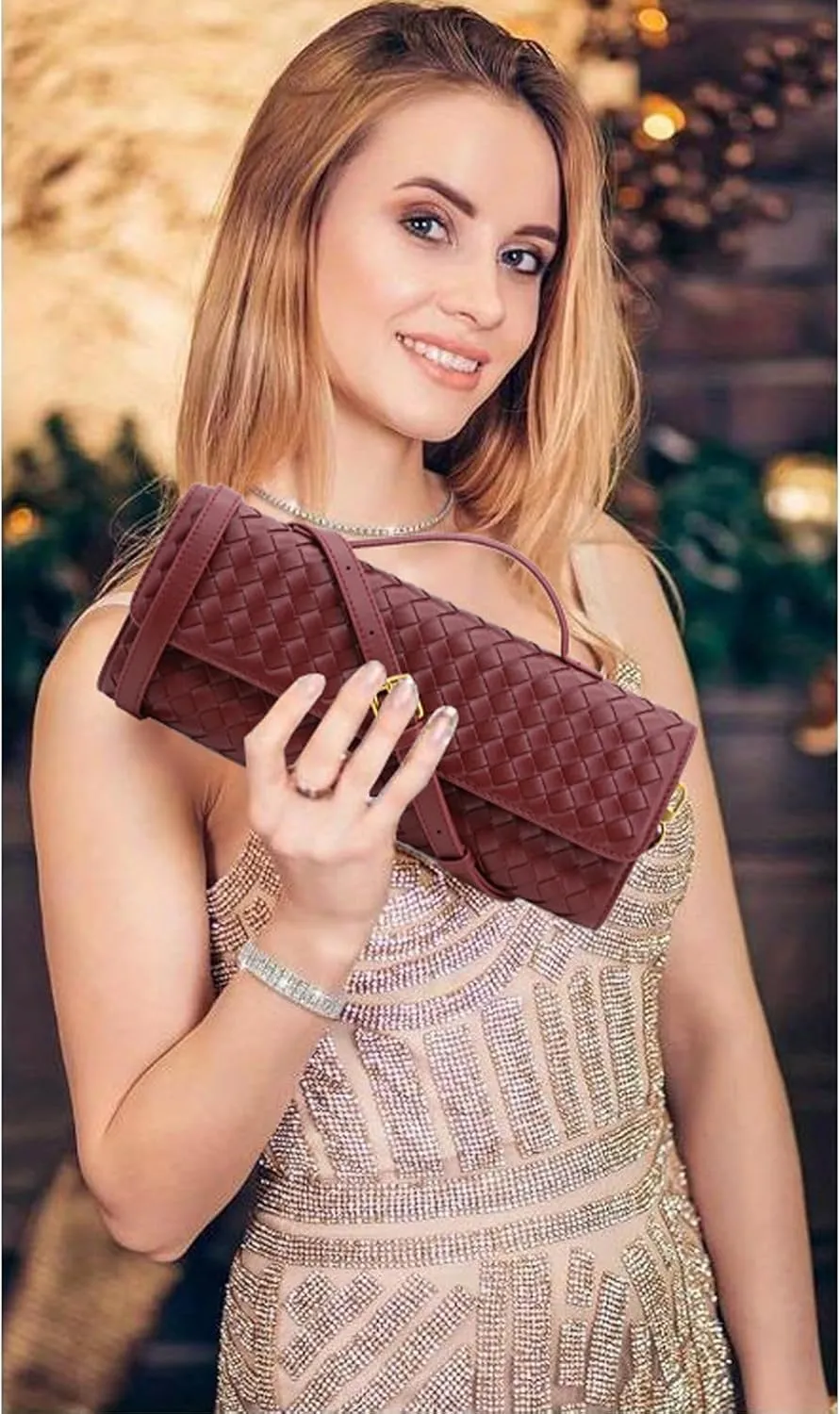 Woven Clutch Purse for Women Designer Shoulder Handbag Leather Crossbody Evening Bag with Detachable Chain