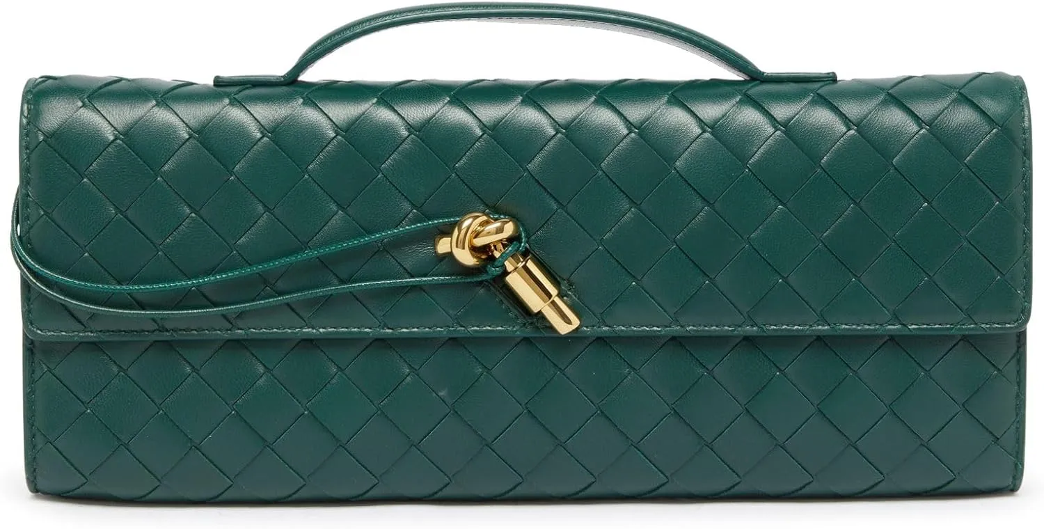 Woven Clutch Purses For Women, Woven Leather Crossbody Bag Purse Rectangle Clutch Bag & Unique Gold Knot Closure