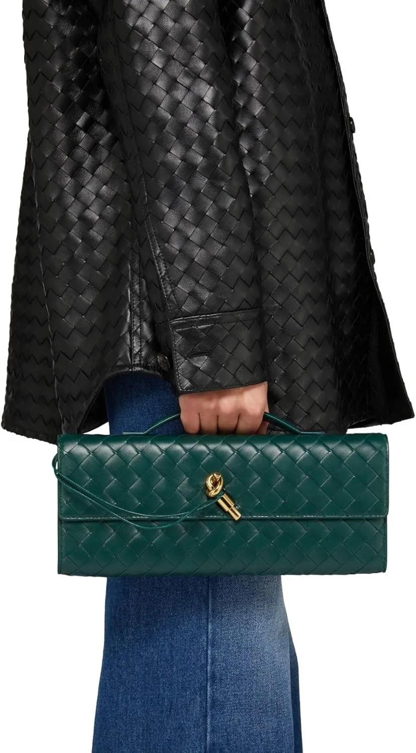 Woven Clutch Purses For Women, Woven Leather Crossbody Bag Purse Rectangle Clutch Bag & Unique Gold Knot Closure
