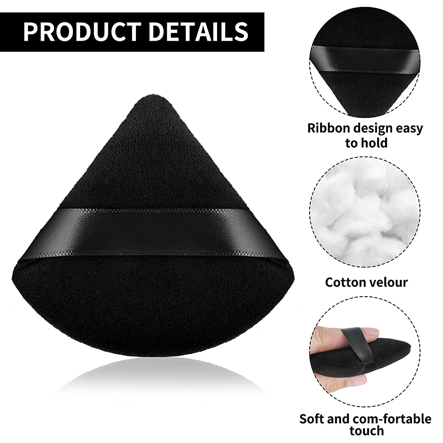 WROLY Triangle Puff 4 Pcs for Pressed Powder, Soft & Resuable Foundation Sponge With Strap, Makeup Sponge Perfect For Dry & Wet Makeup (Black   Black)