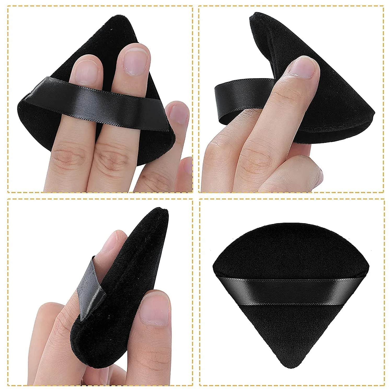 WROLY Triangle Puff 4 Pcs for Pressed Powder, Soft & Resuable Foundation Sponge With Strap, Makeup Sponge Perfect For Dry & Wet Makeup (Black   Black)