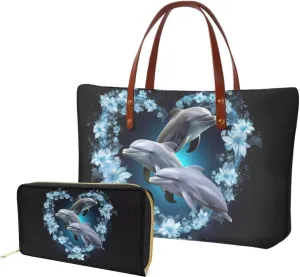 Xhuibop Heat Blossom Dolphin Purse and Wallet Sets 2 Pieces Womens Tote Bags for Work Handbag with Pockets Ladies Wallet Cluth with Card Holder