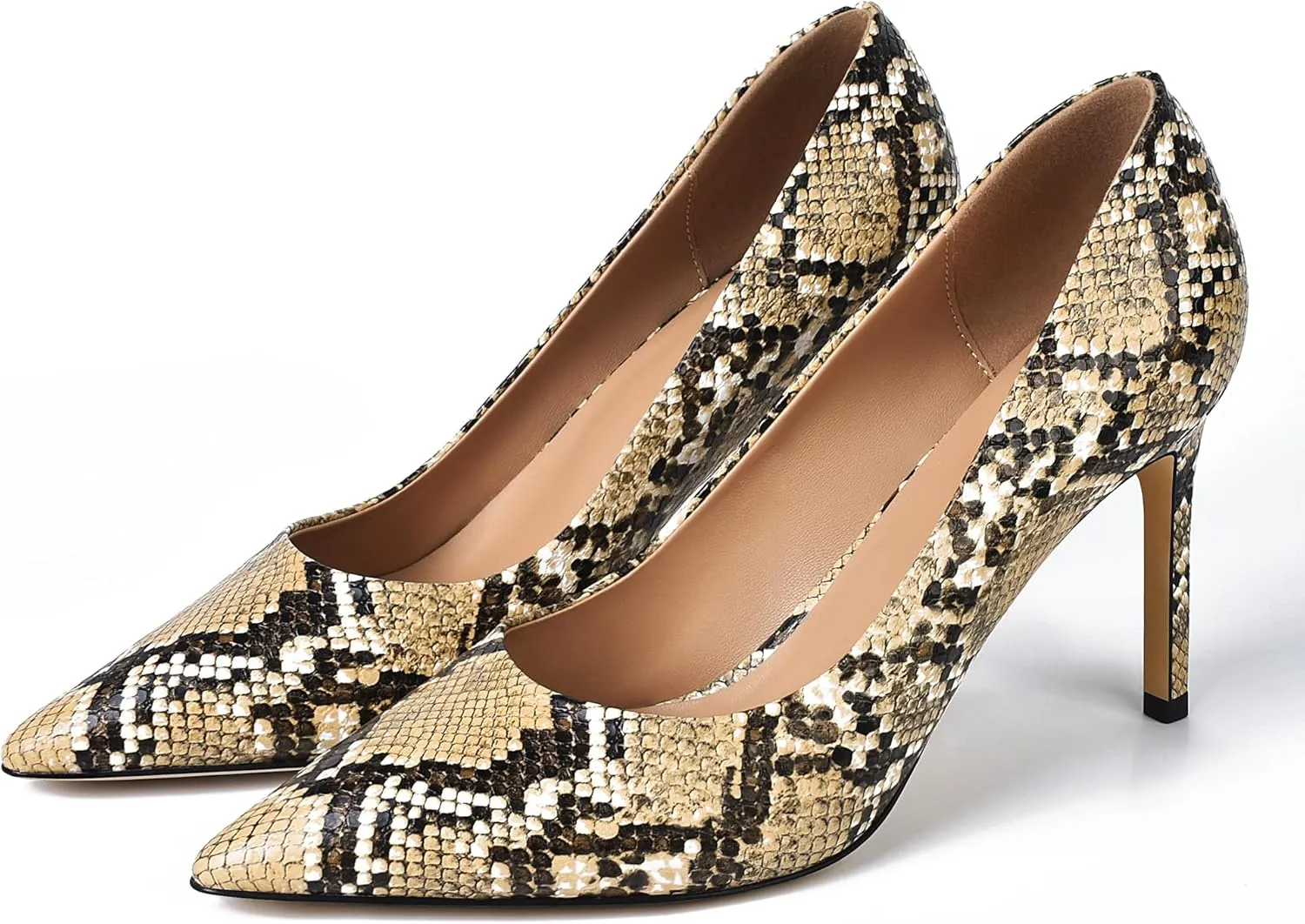 XINIUNIU Snake Skin Heels for Women Synthetic Printing Snakeskin Pumps Pointed Toe Kitten Stiletto Slip On Closed Toe Dress Shoes 3.5 Inch
