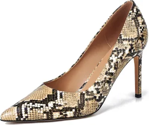 XINIUNIU Snake Skin Heels for Women Synthetic Printing Snakeskin Pumps Pointed Toe Kitten Stiletto Slip On Closed Toe Dress Shoes 3.5 Inch