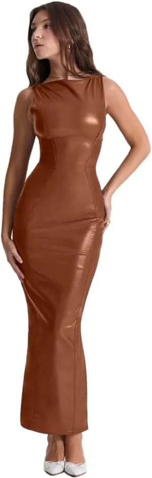 XLLAIS Women's Faux PU Leather Bodycon Maxi Dress Sexy Boatneck Tank Long Dresses