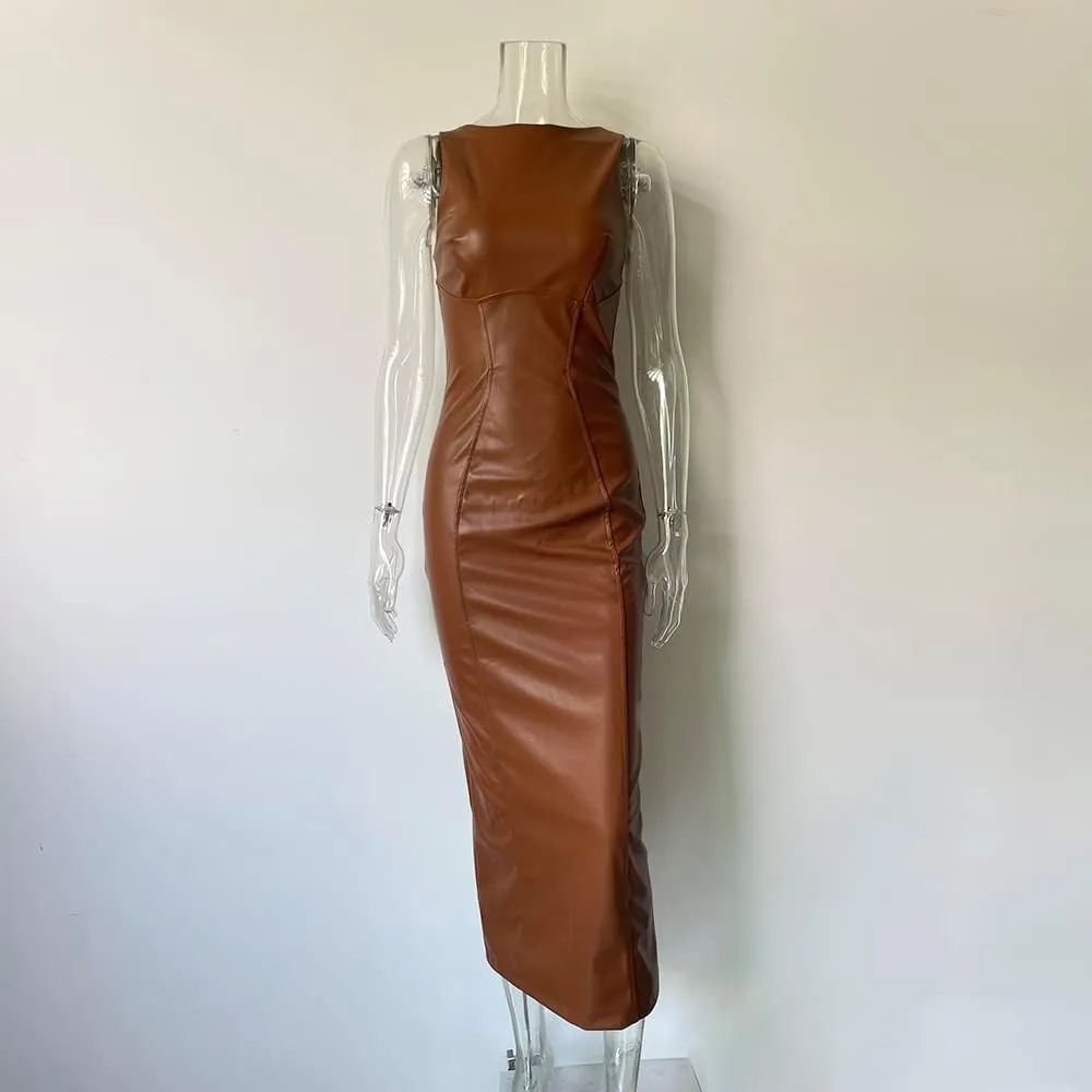 XLLAIS Women's Faux PU Leather Bodycon Maxi Dress Sexy Boatneck Tank Long Dresses