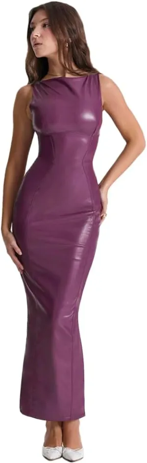 XLLAIS Women's Faux PU Leather Bodycon Maxi Dress Sexy Boatneck Tank Long Dresses
