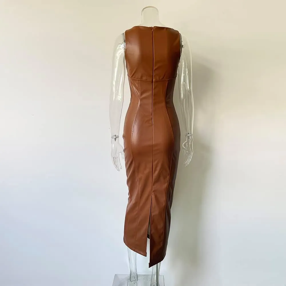 XLLAIS Women's Faux PU Leather Bodycon Maxi Dress Sexy Boatneck Tank Long Dresses