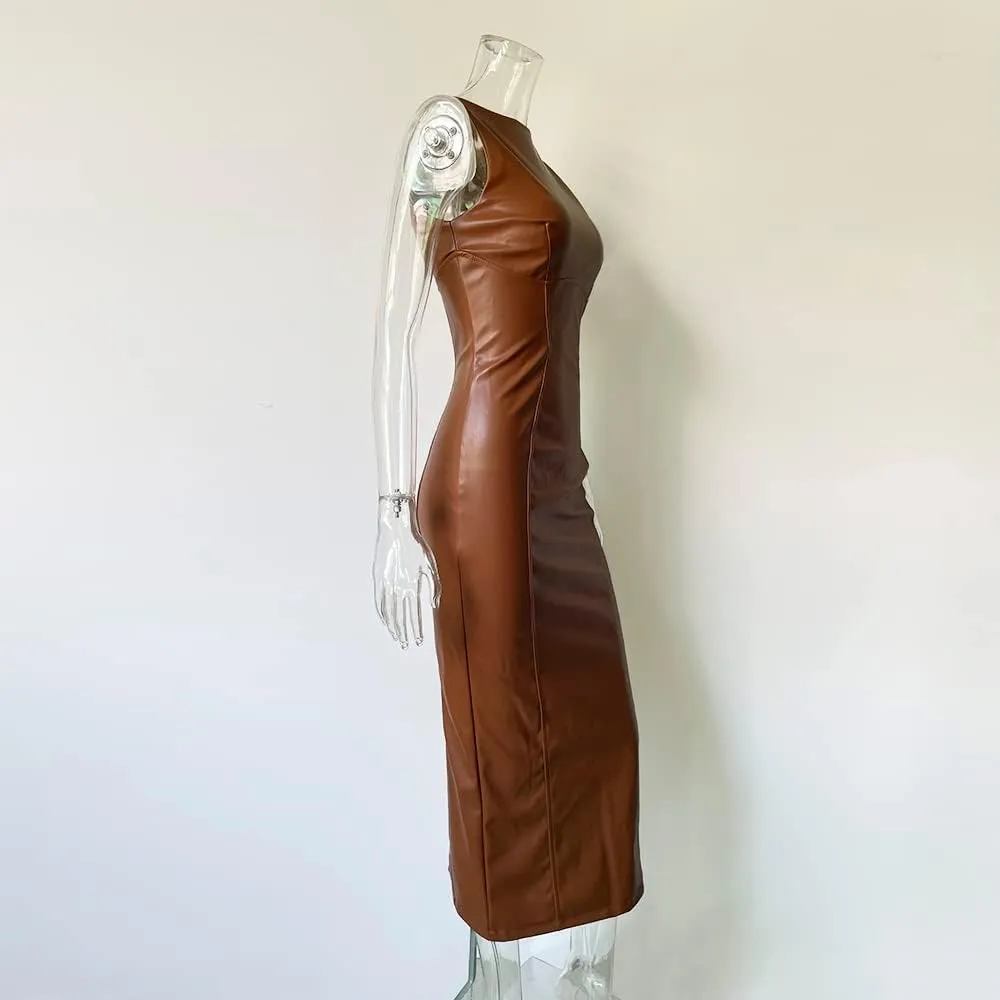XLLAIS Women's Faux PU Leather Bodycon Maxi Dress Sexy Boatneck Tank Long Dresses