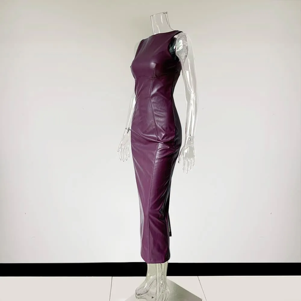 XLLAIS Women's Faux PU Leather Bodycon Maxi Dress Sexy Boatneck Tank Long Dresses