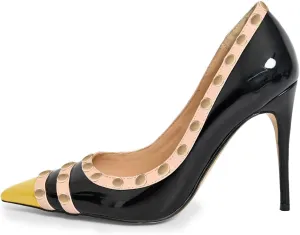 XYD Women's Pointed Cap Toe Stilettos Pumps with Rivets Studded Slip On Sparkly Patent High Heels Classic Party Dress Shoes
