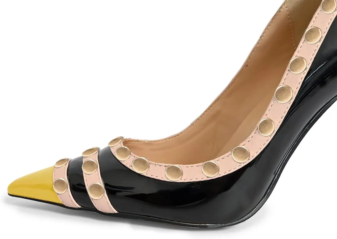 XYD Women's Pointed Cap Toe Stilettos Pumps with Rivets Studded Slip On Sparkly Patent High Heels Classic Party Dress Shoes
