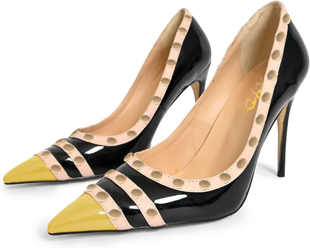 XYD Women's Pointed Cap Toe Stilettos Pumps with Rivets Studded Slip On Sparkly Patent High Heels Classic Party Dress Shoes