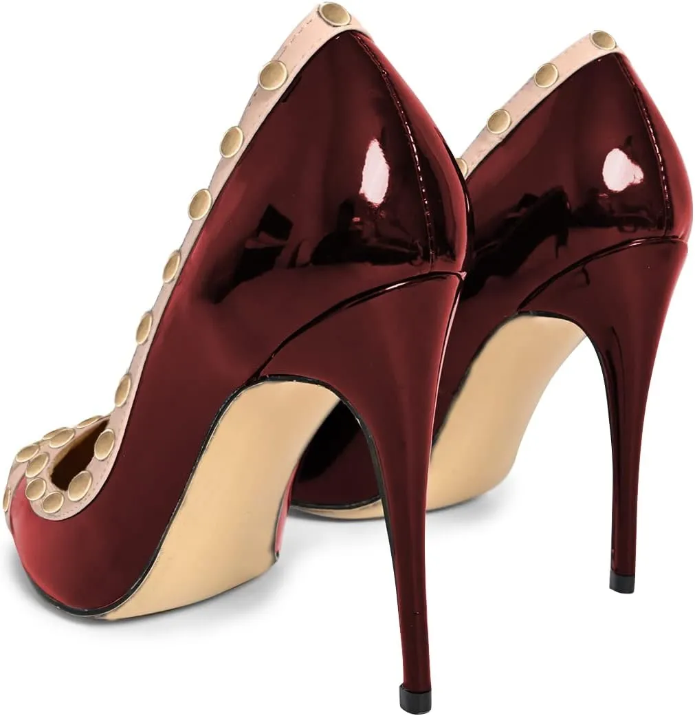 XYD Women's Pointed Cap Toe Stilettos Pumps with Rivets Studded Slip On Sparkly Patent High Heels Classic Party Dress Shoes