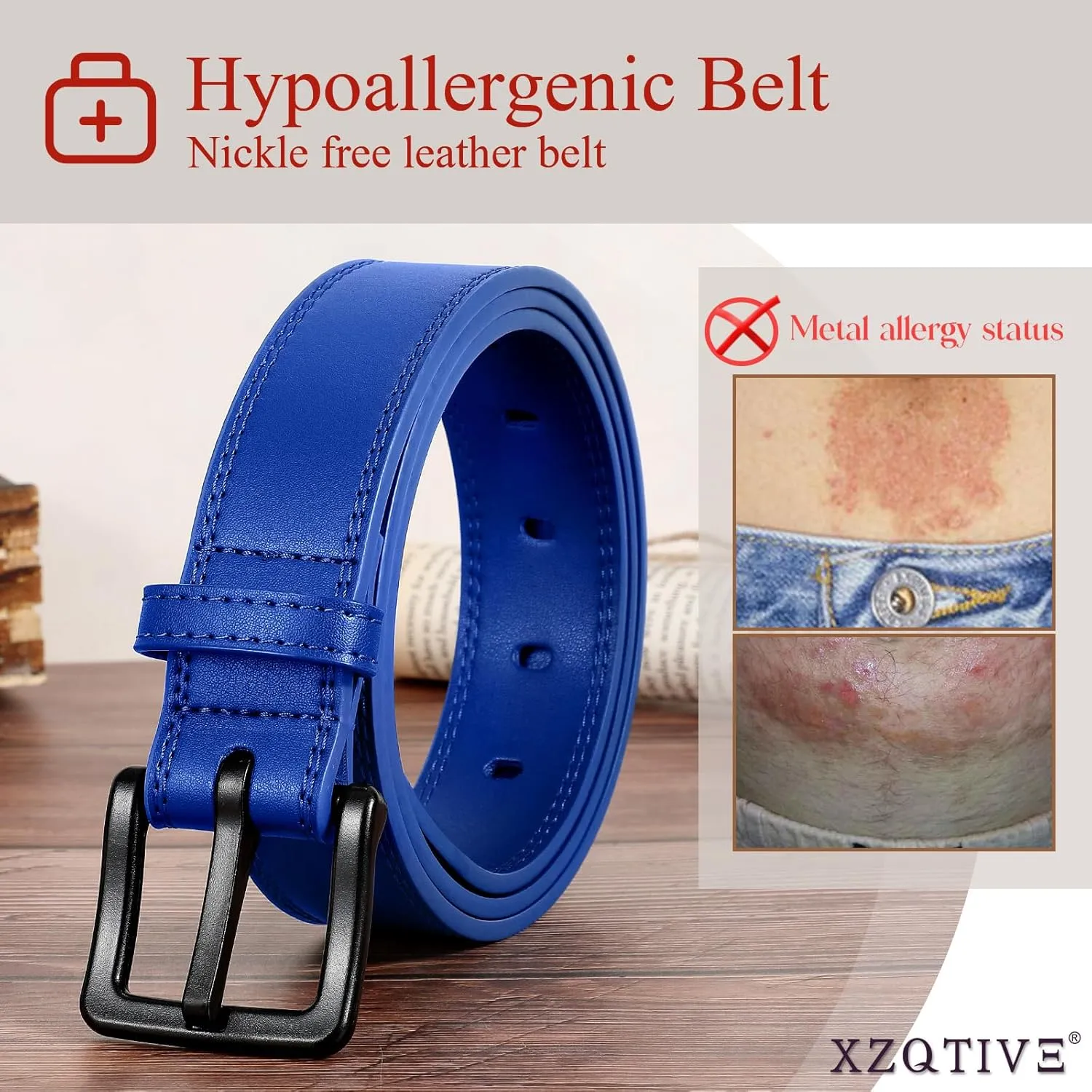 XZQTIVE Men’s Metal Free Belt Hypoallergenic Leather Belts For Jeans Dress Nickle Free TSA Belt With Black Buckle