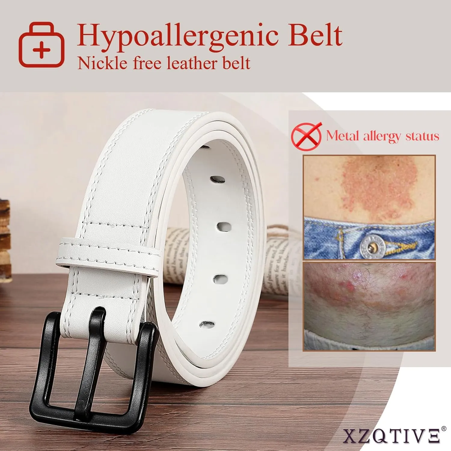XZQTIVE Men’s Metal Free Belt Hypoallergenic Leather Belts For Jeans Dress Nickle Free TSA Belt With Black Buckle