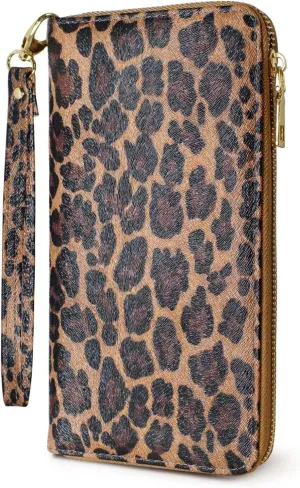 Yarnic Leopard Wallet-Wallet for Women with Credit Card Holder Money Pockets Wristlet Band Wallet Case Coin Money Clip Woman Purse with RFID Blocking Large Capacity with Zipper Cheetah Wallet