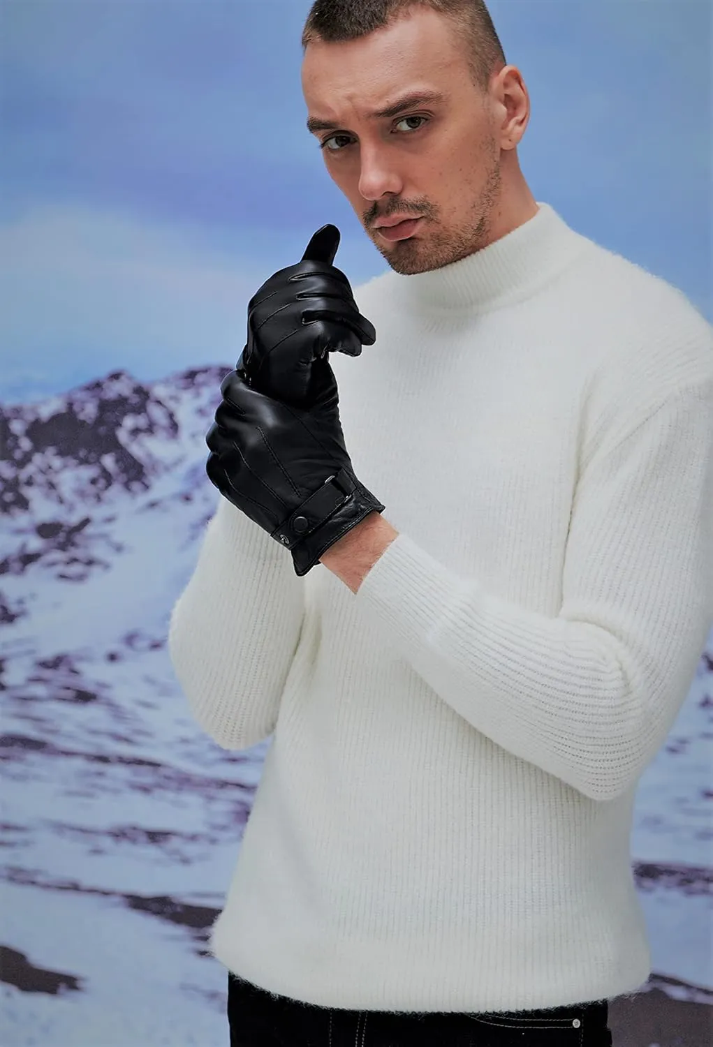 YISEVEN Winter Men's Warm Genuine Lambskin Leather Gloves Skin Tight with Button