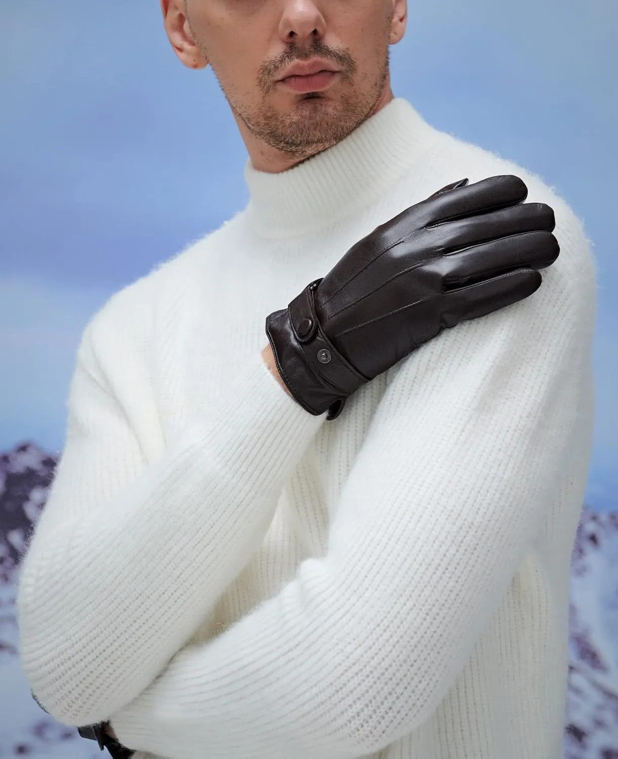 YISEVEN Winter Men's Warm Genuine Lambskin Leather Gloves Skin Tight with Button
